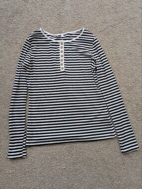 Women's Black and White Striped Long Sleeve Henley Top | Size L | NWOT